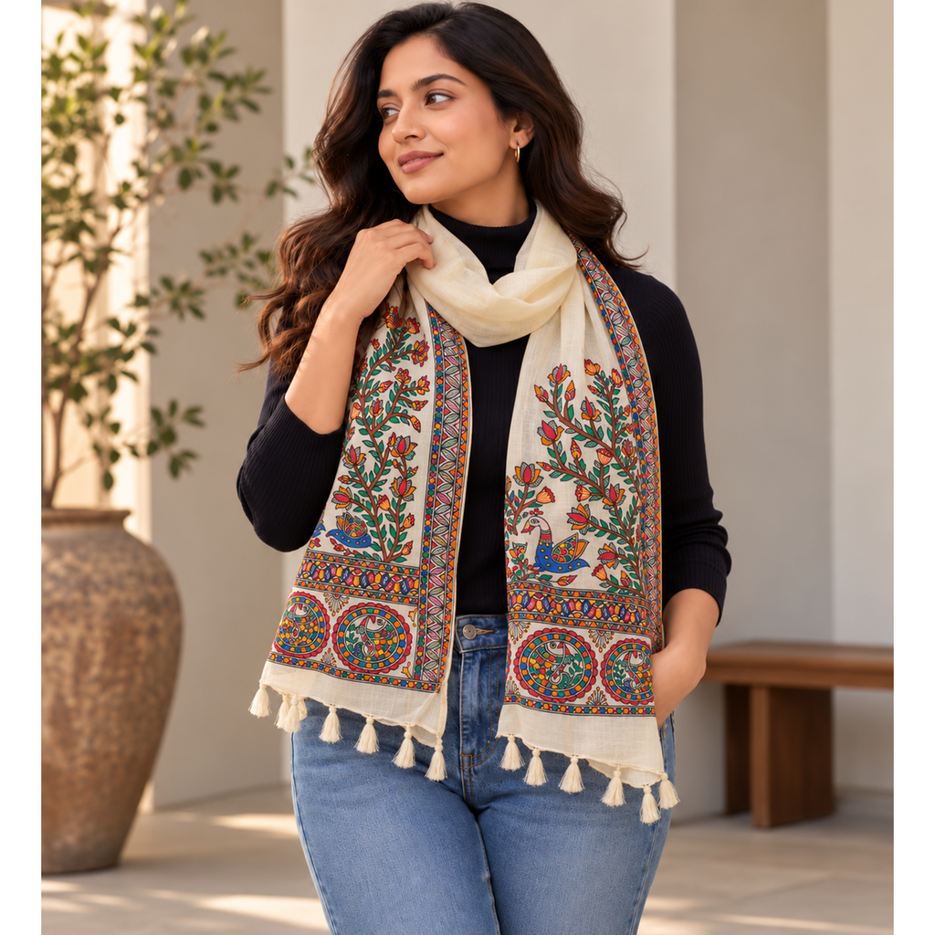 Ivory cream hand-painted Madhubani stole styled with blue jeans and a dark high-neck top, with softly uneven ends