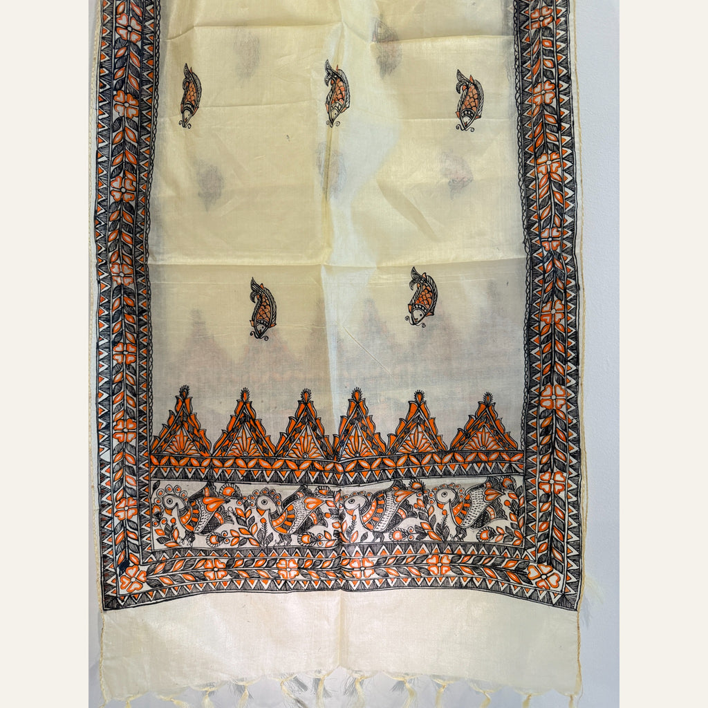 Full view of ivory and orange hand-painted Madhubani stole showing fish motifs and botanical geometric borders