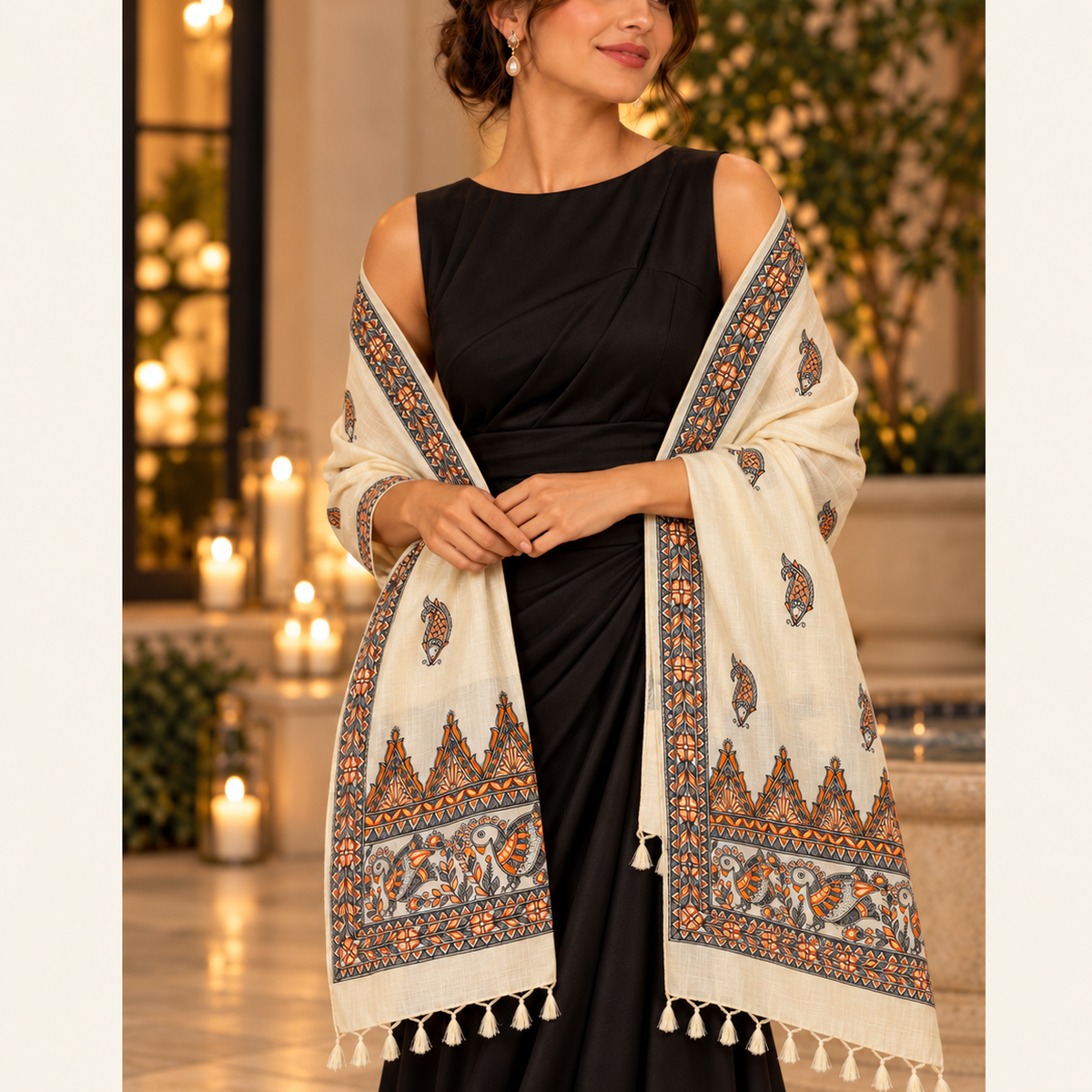 Ivory and orange hand-painted Madhubani stole styled over a black party dress in an evening setting