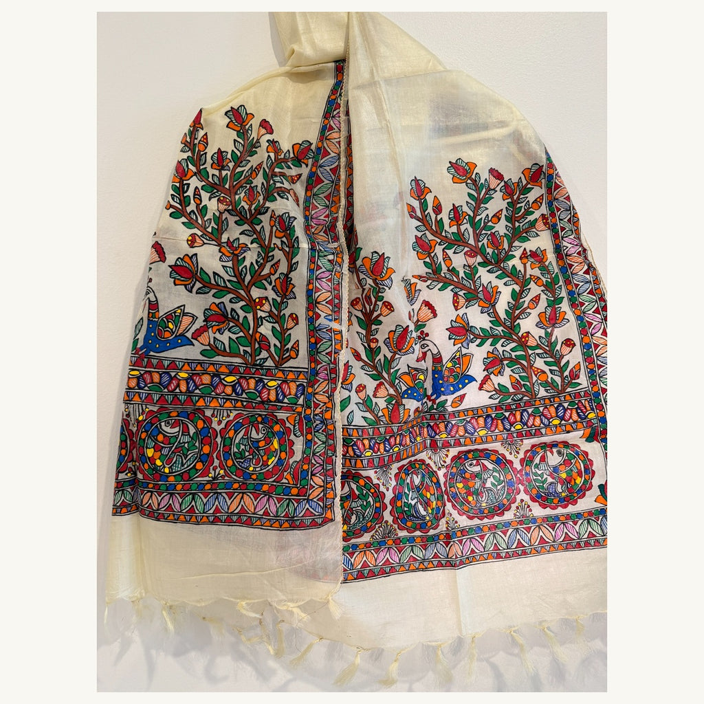 Ivory cream hand-painted Madhubani stole featuring peacocks fish floral motifs and tasselled ends