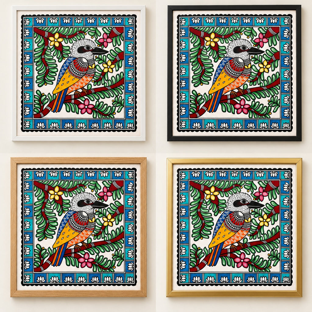 Among the Leaves kookaburra artwork in white, black, oak and gold frames
