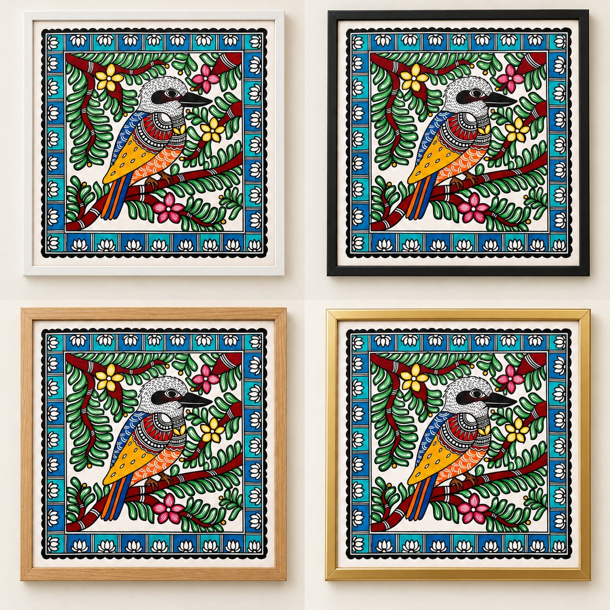 Among the Leaves kookaburra artwork in white, black, oak and gold frames