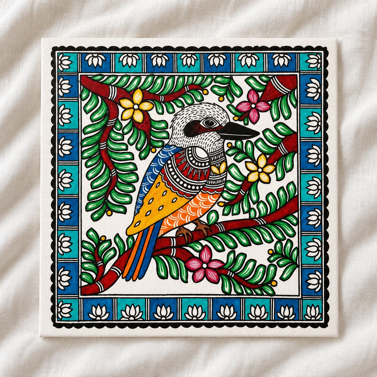 Among the Leaves hand-painted kookaburra Madhubani canvas on white linen