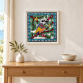 Among the Leaves kookaburra artwork in a white frame above an oak console