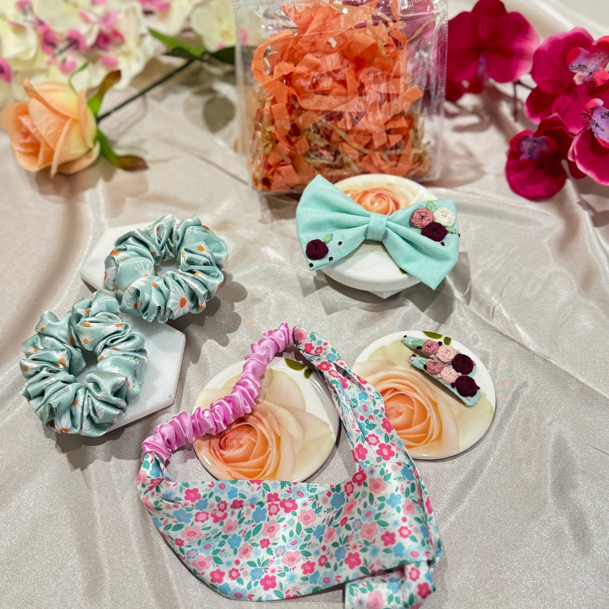Mint Bloom variant of the Little Bloom Hair Accessories Gift Set with mint green coordinated accessories.