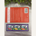 Hand-painted Madhubani Violet Parade bookmark with three red, yellow and orange fish, turquoise accents and a violet-purple border, beside a book for size reference. Book not included.
