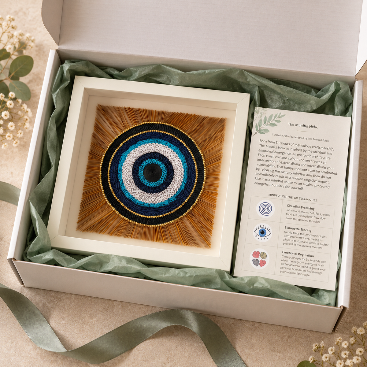 The Mindful Helix evil eye Nazar paper quilling artwork gift presentation with story card