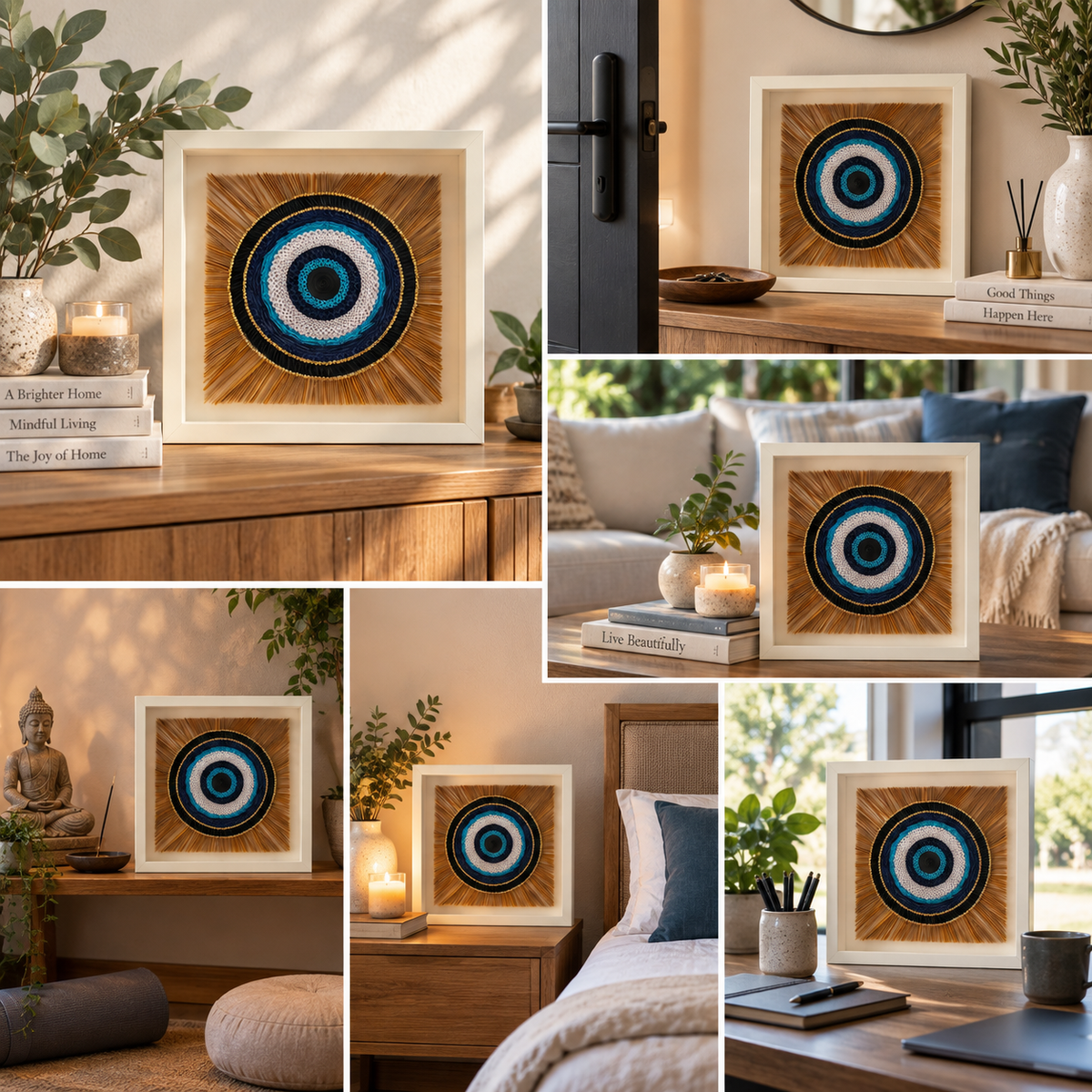The Mindful Helix evil eye Nazar protection wall art styled in modern family home interiors