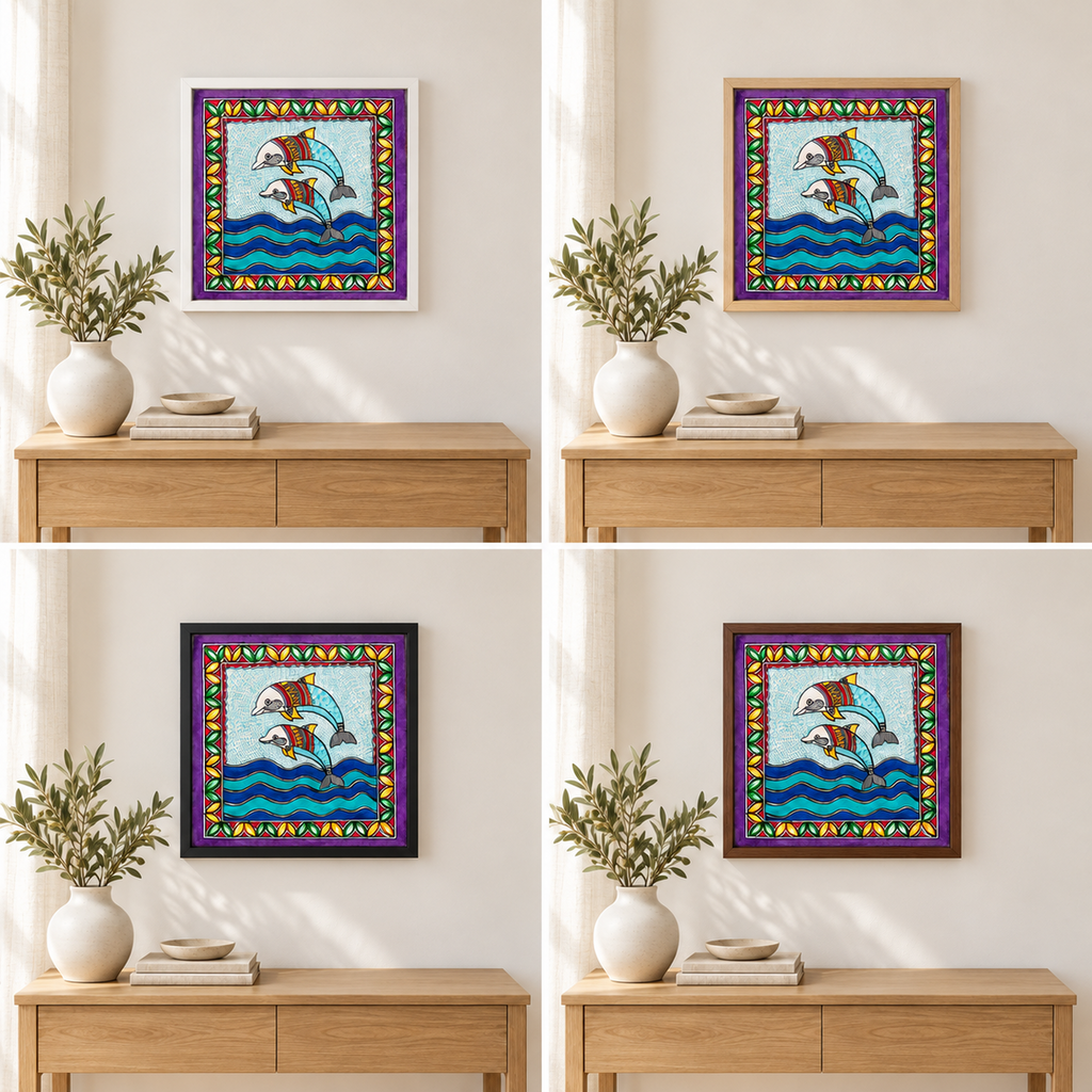 Dolphin Madhubani artwork shown in white, oak, black and walnut frames