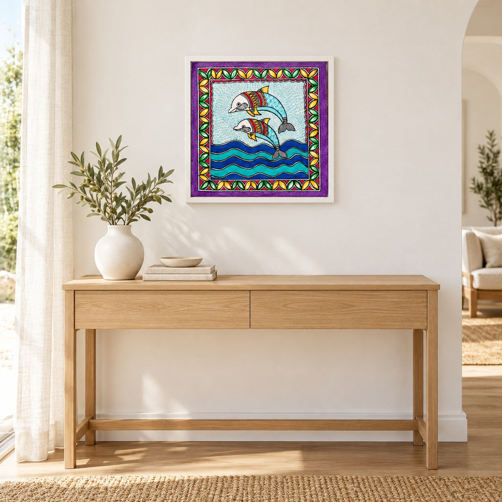 Dolphin Madhubani artwork in a white frame mounted above an oak console