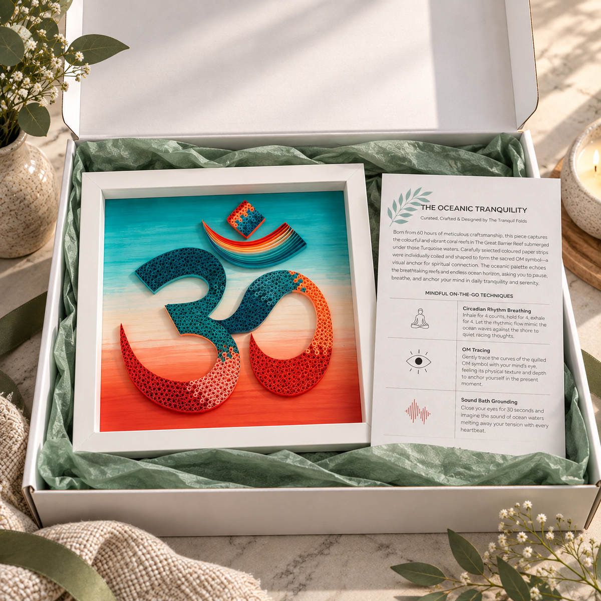 Oceanic Tranquility paper quilling OM artwork gift box with sage green tissue and story card