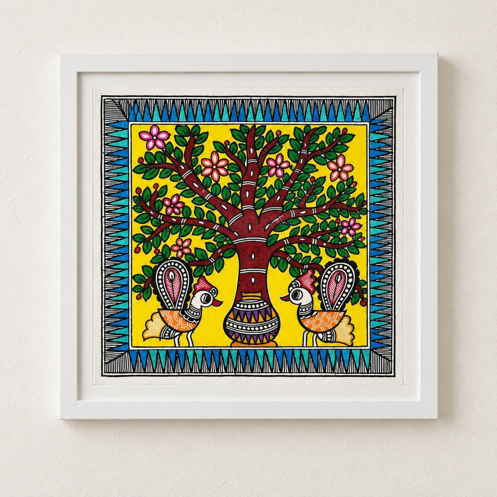 Original Madhubani-inspired peacock and flowering tree painting on cloth canvas in a white frame