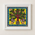 Original Madhubani-inspired peacock and flowering tree painting on cloth canvas in a white frame