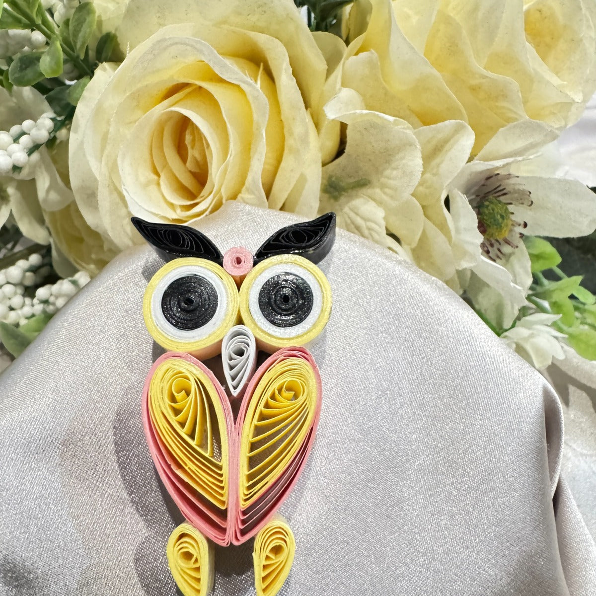 Blush Yellow handmade paper quilled owl fridge magnet