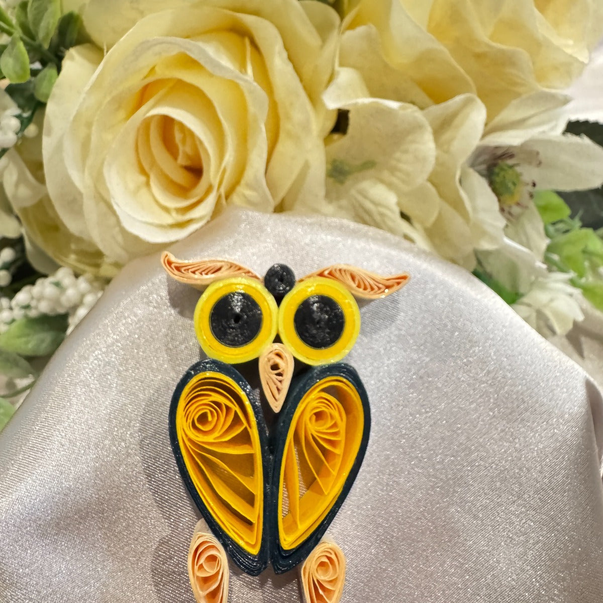 Golden Peach handmade paper quilled owl fridge magnet