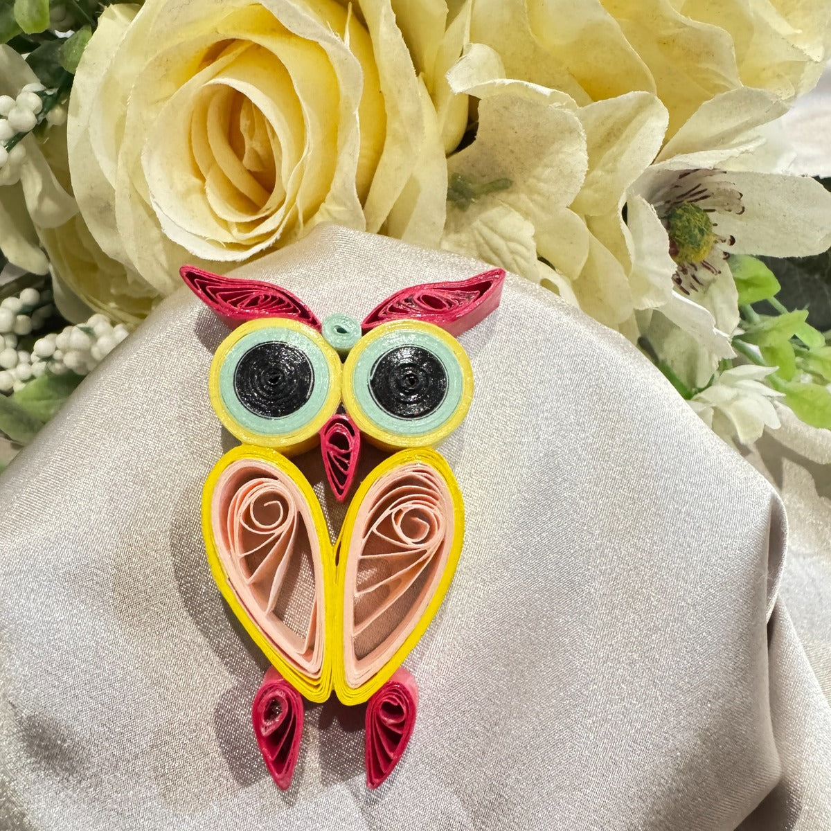 Pastel Bloom handmade paper quilled owl fridge magnet