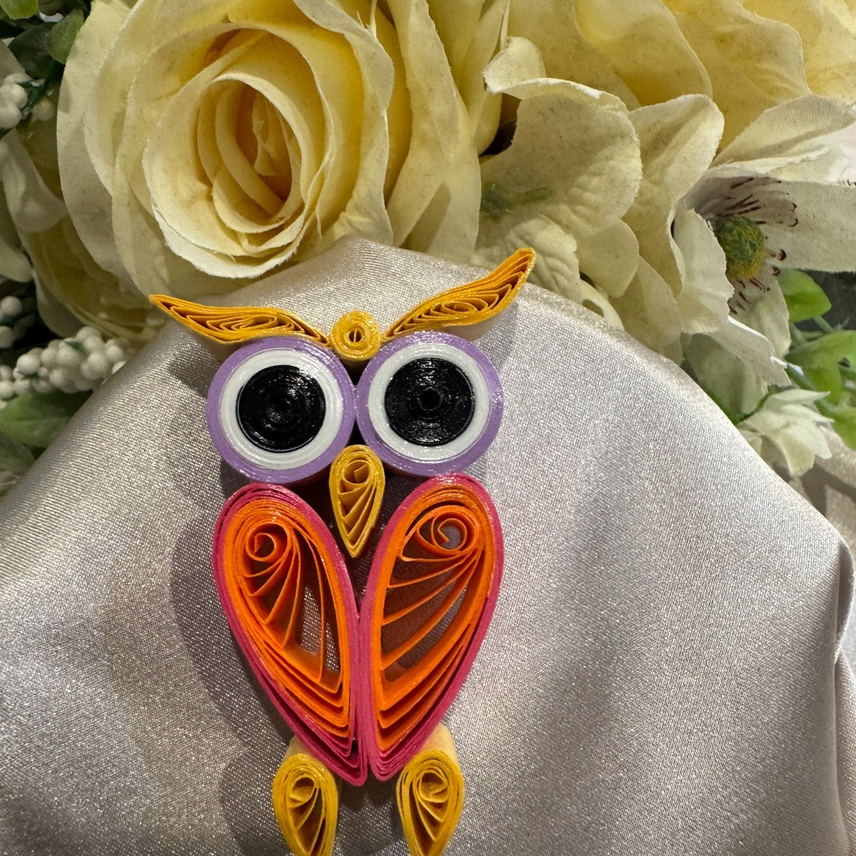 Sunset Orange handmade paper quilled owl fridge magnet