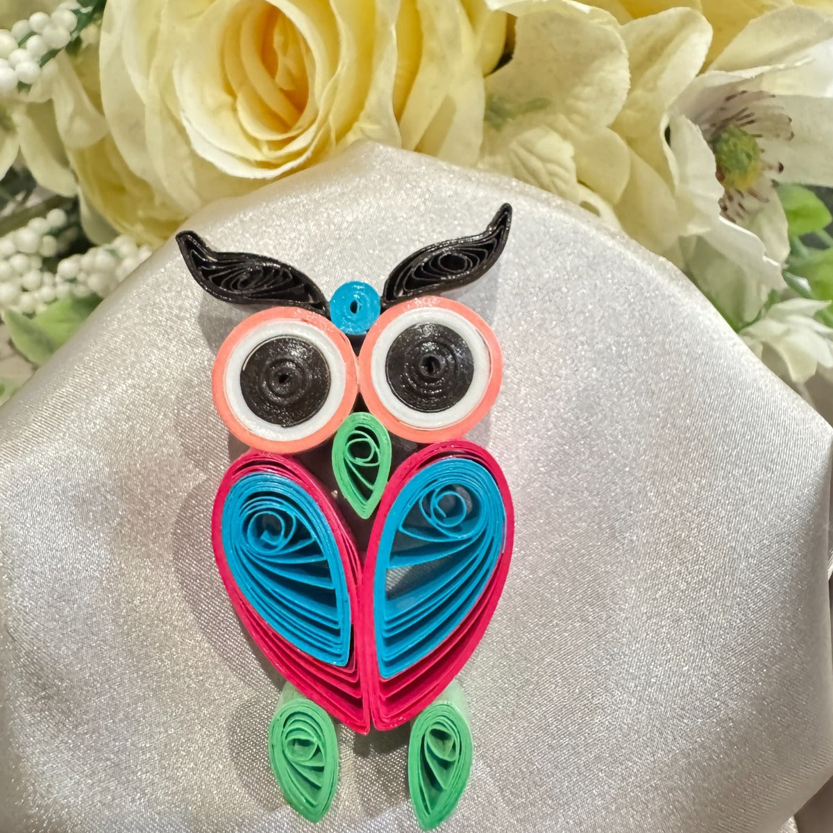 Tropical Blue handmade paper quilled owl fridge magnet