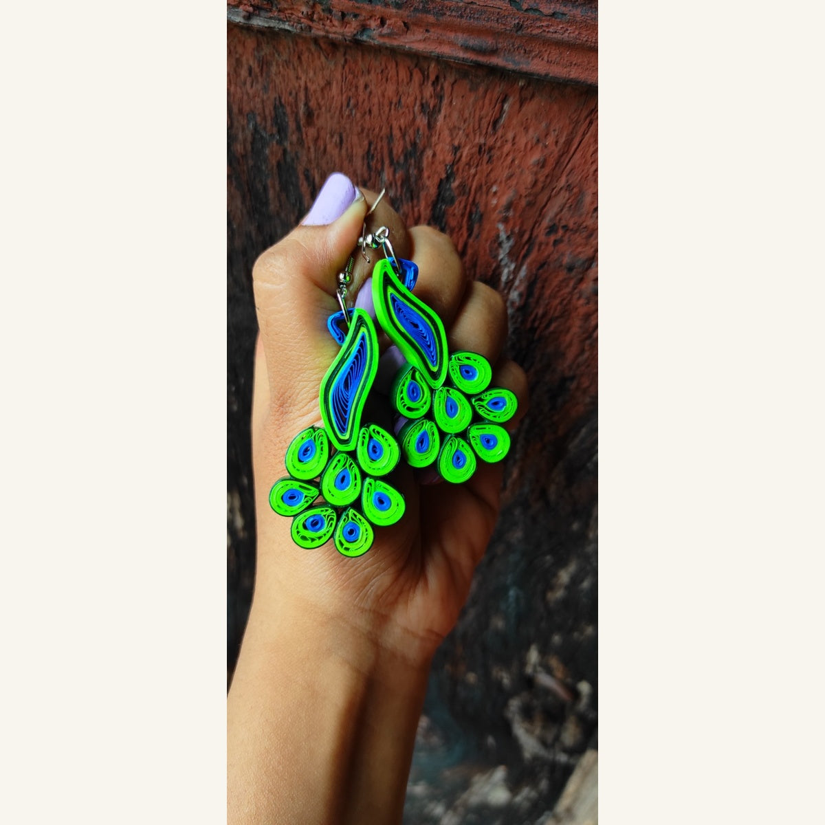 Green & Blue peacock-inspired paper quilling dangle earrings with German silver hooks