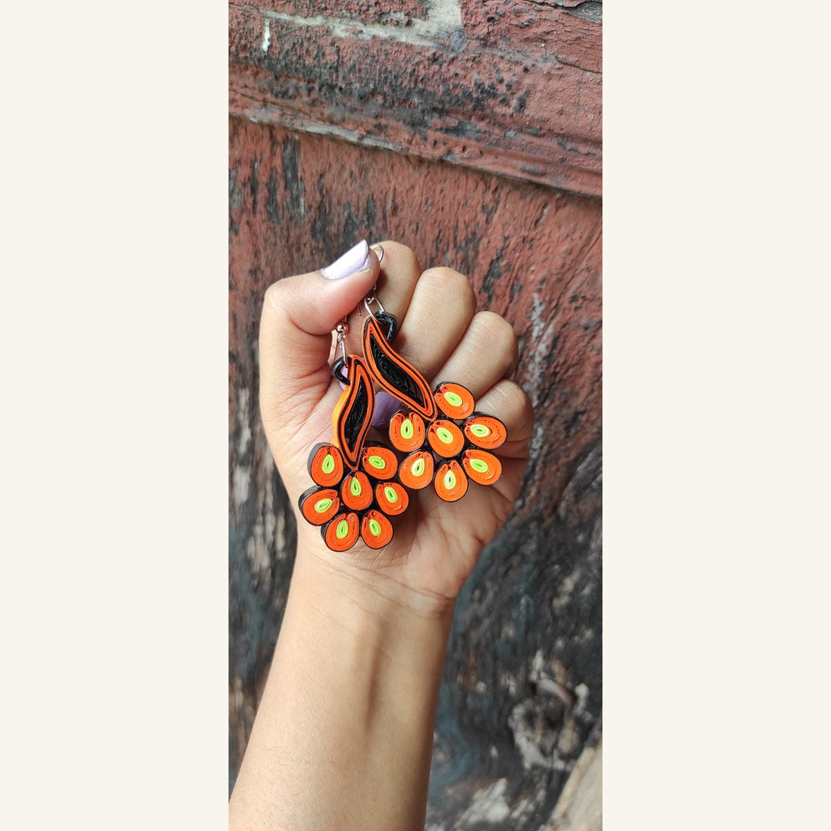 Orange & Black peacock-inspired paper quilling dangle earrings with German silver hooks