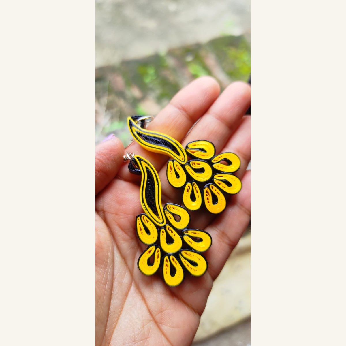 Yellow & Black peacock-inspired paper quilling dangle earrings with German silver hooks