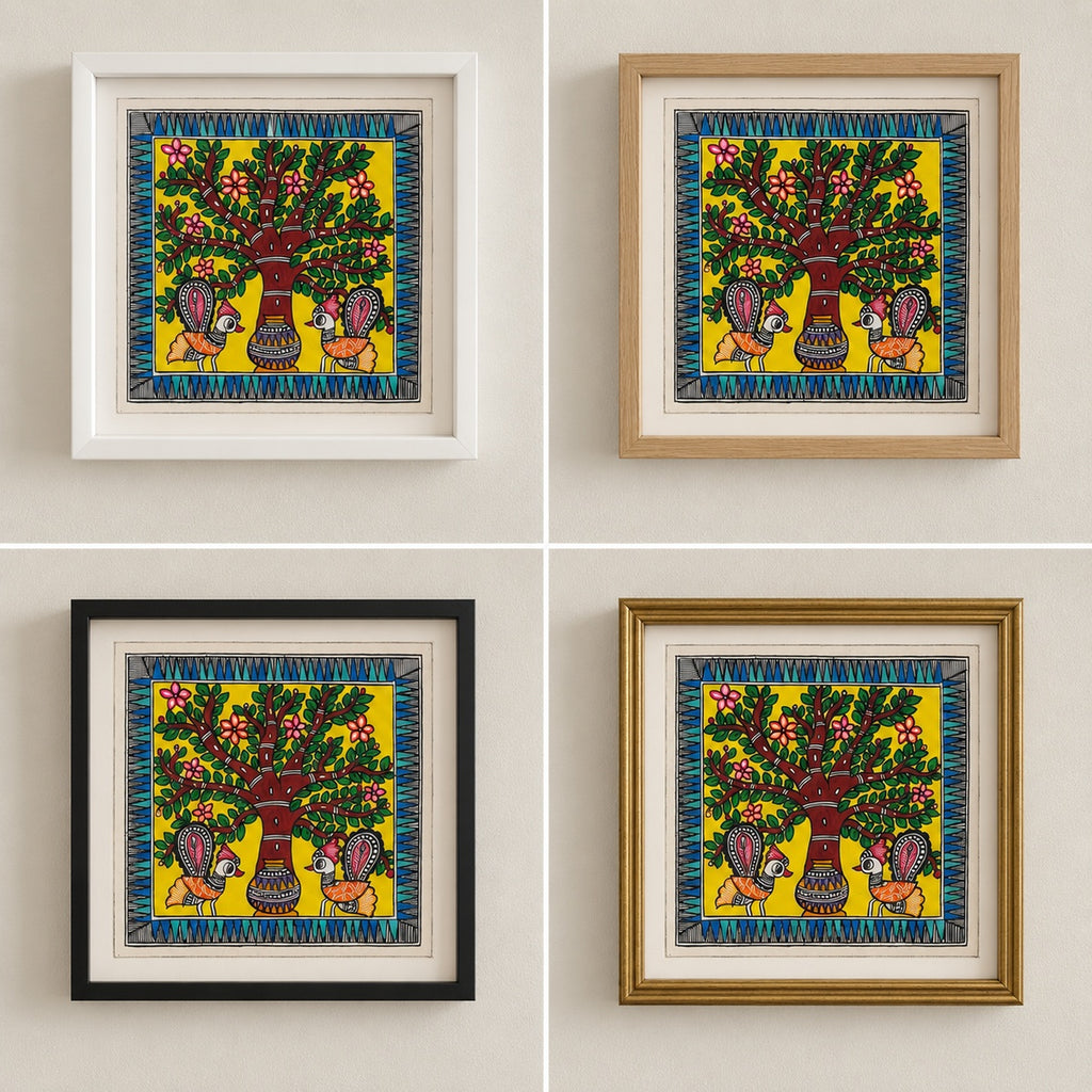 Peacock and tree Madhubani painting shown in white, oak, black and gold frames for styling inspiration