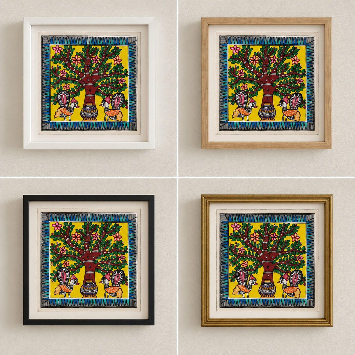Peacock and tree Madhubani painting shown in white, oak, black and gold frames for styling inspiration