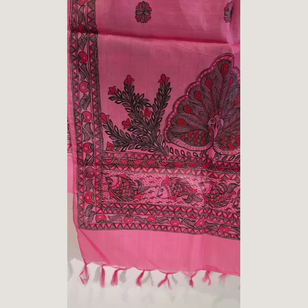 Hand-Painted Madhubani Stole | Coral Pink Wearable Art