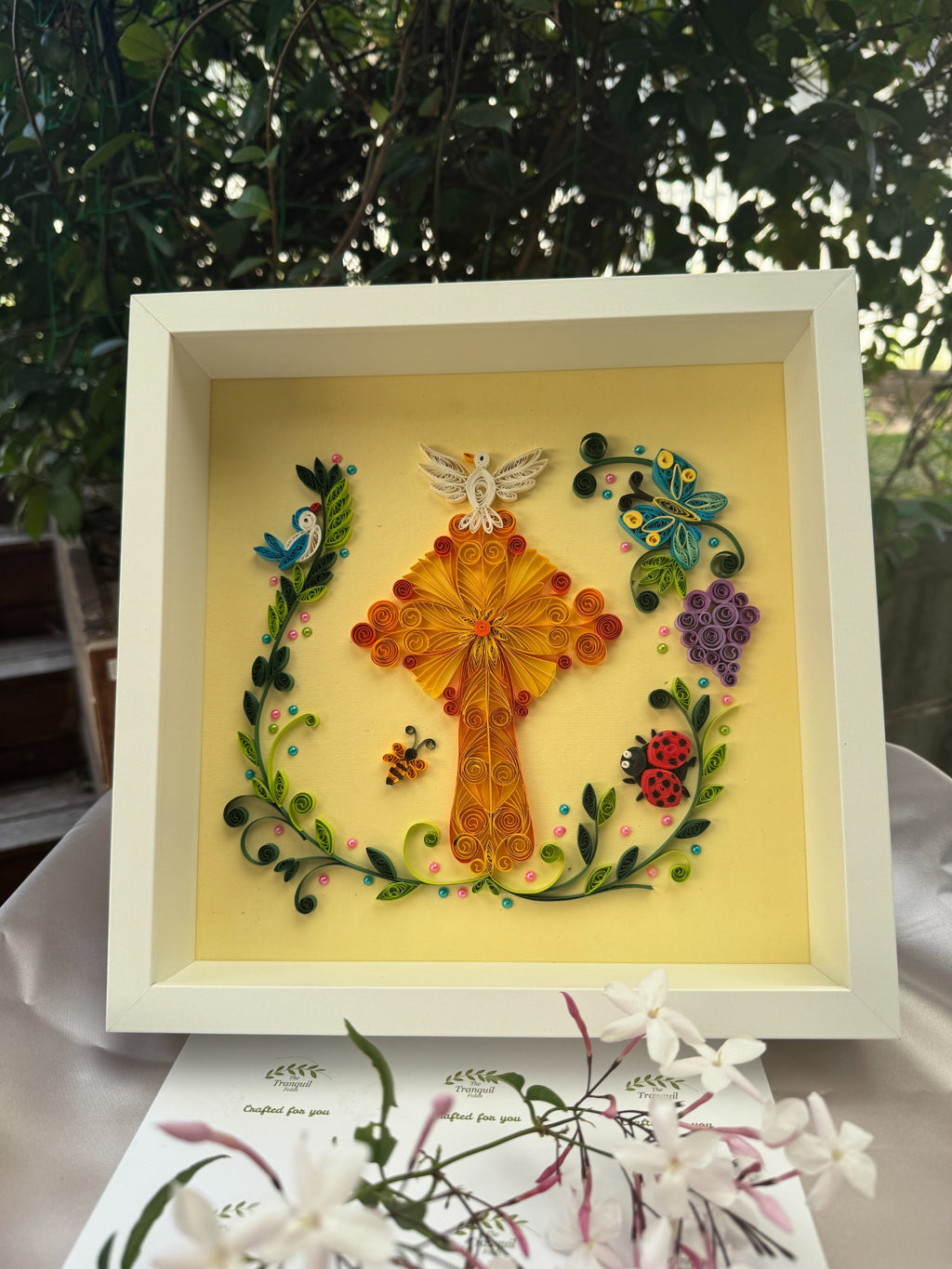 Radiance of Grace Christian paper quilling wall art with handcrafted Cross, Dove, butterfly and floral vine details