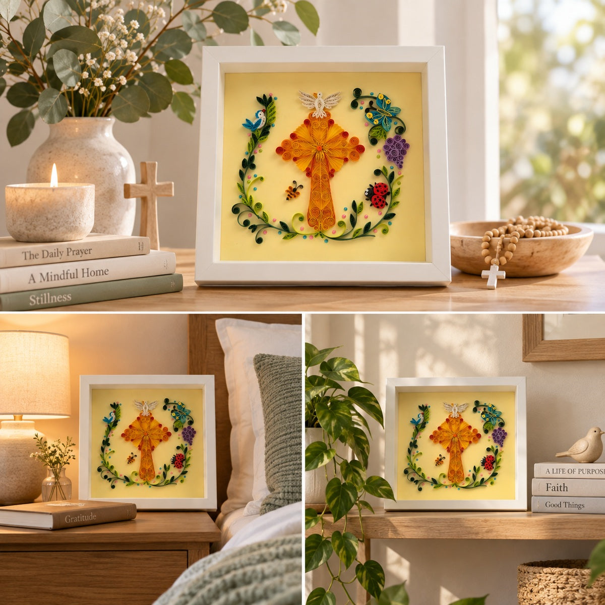 Radiance of Grace Christian paper quilling wall art styled in warm home interiors