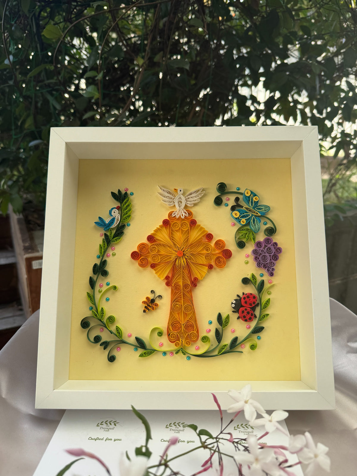 Framed Radiance of Grace paper quilling Christian art featuring a golden Cross, Dove, grapes, butterfly and vines