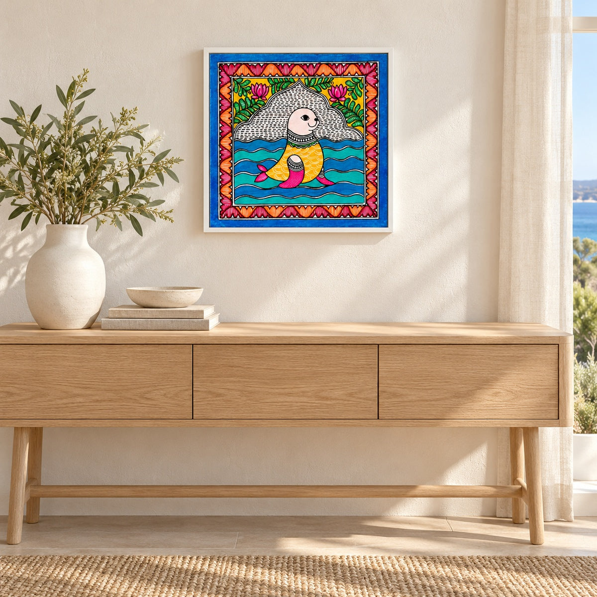 Golden Tide seal artwork in a white frame above a coastal console