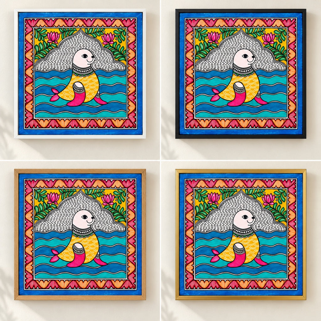 Golden Tide seal artwork in white, black, oak and gold frames