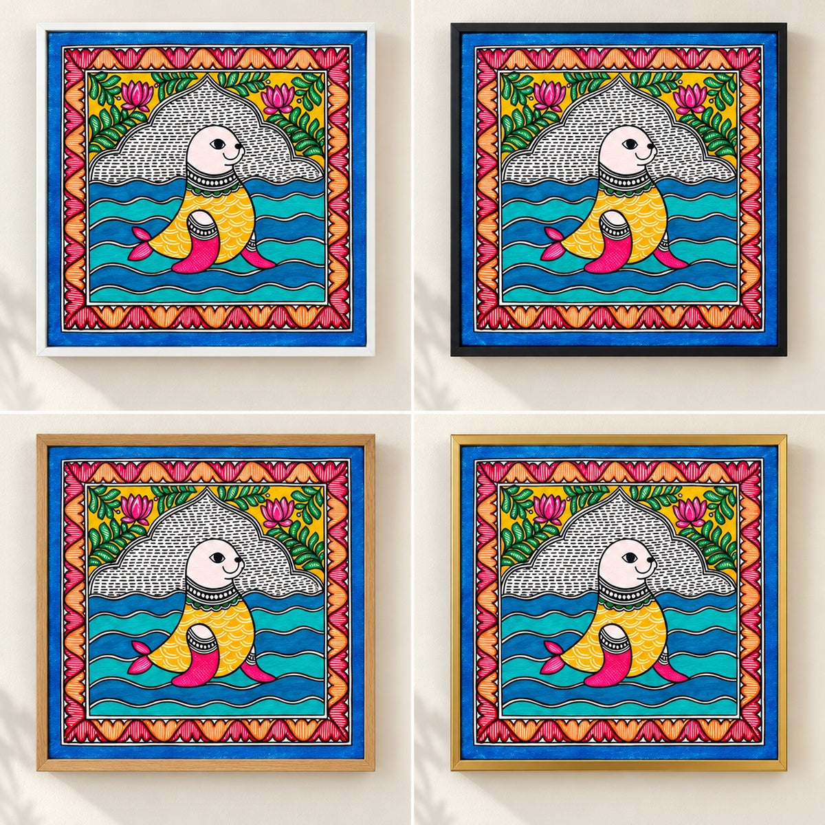Golden Tide seal artwork in white, black, oak and gold frames