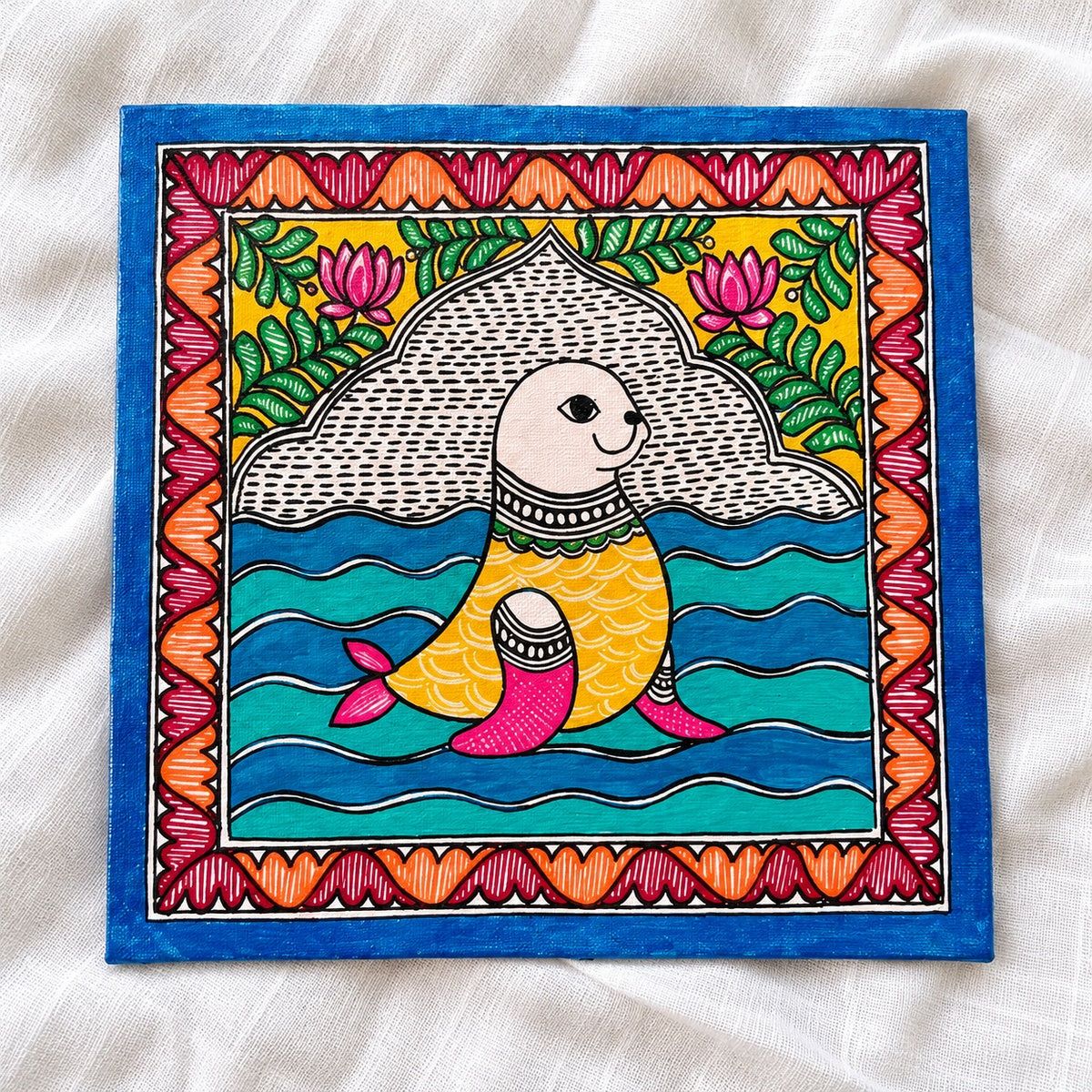 Golden Tide seal Madhubani painting on white linen