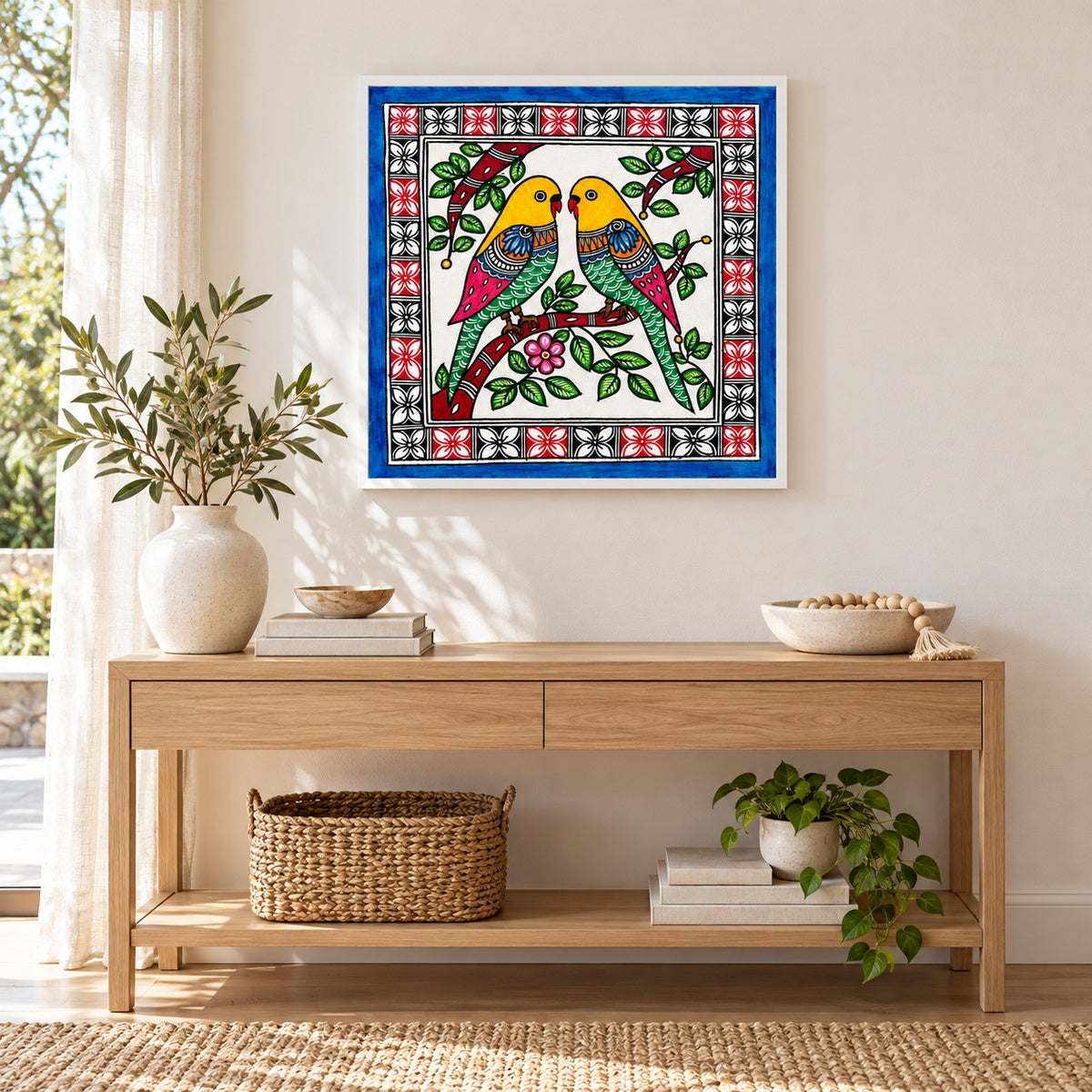 Together in Blossom budgerigar artwork in a white frame above an oak console