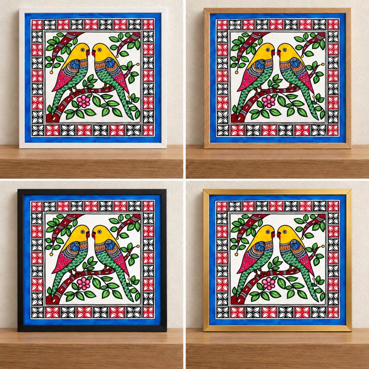 Budgerigar Madhubani artwork displayed in white, oak, black and gold frames