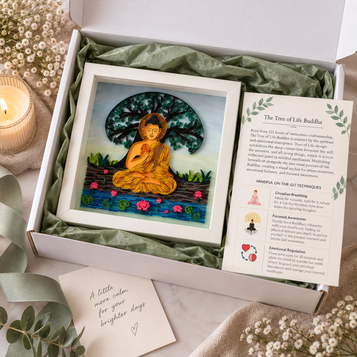 Framed Tree of Life Buddha paper quilling wall art displayed in a peaceful Australian home