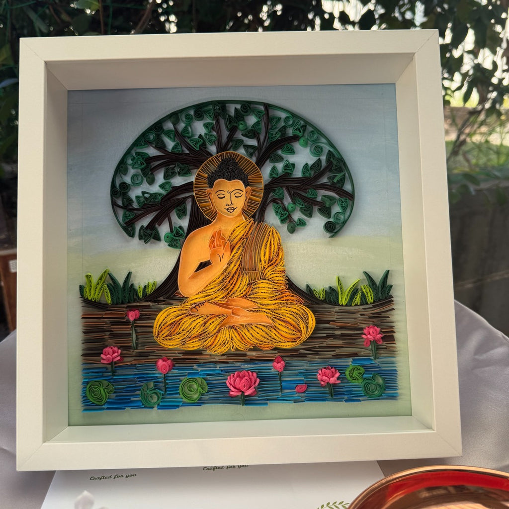 Tree of Life Buddha quilling artwork with handcrafted pink lotus flowers and dimensional blue water