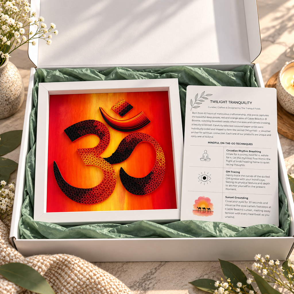 Twilight Tranquility paper quilling OM artwork gift box with sage tissue and story card