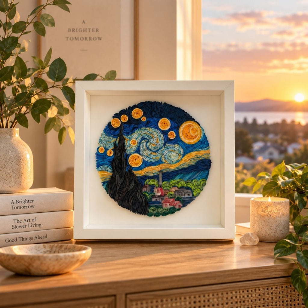 Close-up of handcrafted Starry Night paper quilling art showing swirling blue paper coils and luminous yellow stars in the golden hour