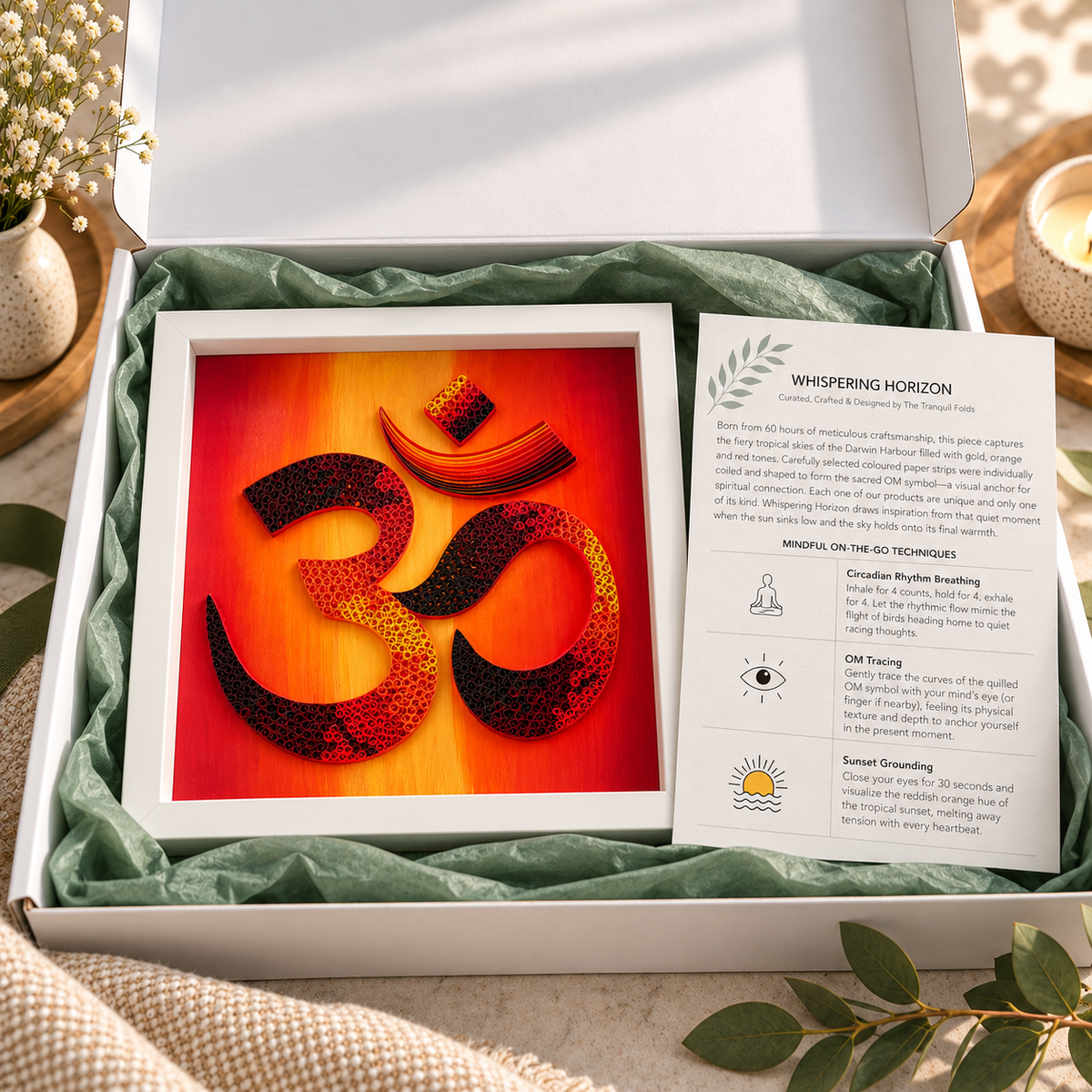Whispering Horizon paper quilling OM artwork gift box with sage green tissue and story card